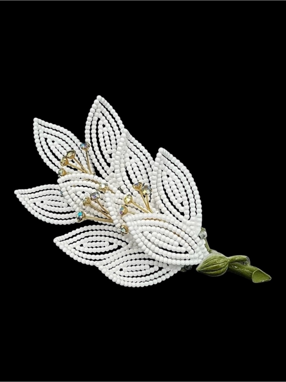 Vintage Lisner Beaded Leaf and Rhinestone Brooch